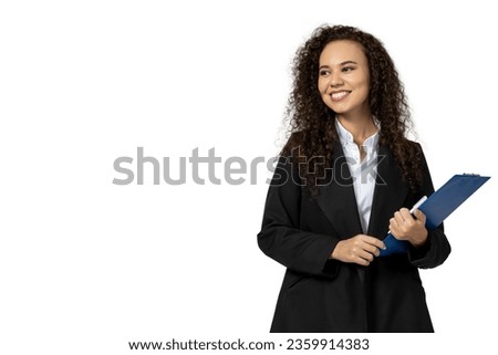A girl in a black suit, isolated on white background
