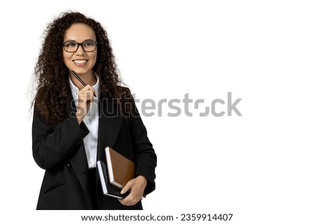 A girl in a black suit with notebooks, isolated on white background