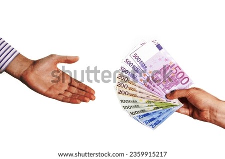 man hand taking euro notes isolated on white background