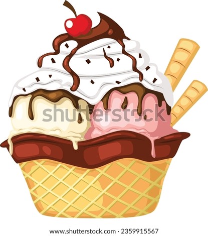 Delicious ice cream cup with cone and cherry on top of the ice cream vector graphic design 