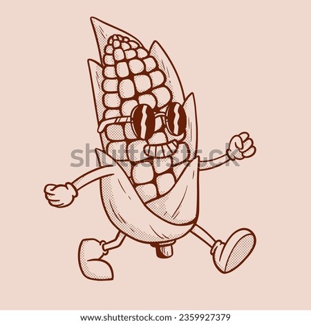 Hand drawing retro corn cartoon character. Walking vintage corn drawing  Royalty-Free Stock Photo #2359927379