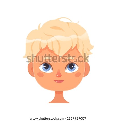 Boy face for avatar vector illustration. Cartoon isolated portrait of adorable kid with stylish blond hair and blue eyes, cute male head with pretty fashion hairdo for profile, funny stylish child. Royalty-Free Stock Photo #2359929007