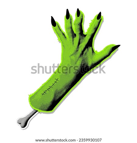 Neon green zombie monster hand with long claws. Halftone grungy scary Halloween clip art. Demon hand halftone collage for mixed media design. Vector illustration isolated on transparent background