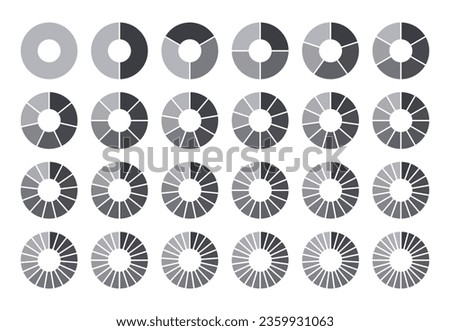 Circles divided into parts from 1 to 24. Black round chart for infographic, pie portion or pizza slice. Wheel division into fractions, circular shape sectors on white background. Royalty-Free Stock Photo #2359931063