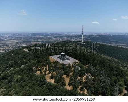 Monument to the unknown hero at Avala mountain, Drone view, Belgrade Serbia.