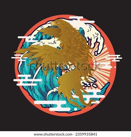 golden eagle vector illustration with japanese background