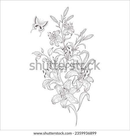 Wedding Bouquet with Lily. Line Art Illustration.