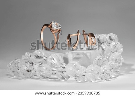 Elegant jewelry set. Jewellery set with gemstones. Jewelry accessories collage. Product still life concept. Ring, necklace and earrings. Royalty-Free Stock Photo #2359938785