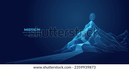 Digital target on a peak of mountain. Abstract business goal and success concept. Road to the top. Futuristic low poly wireframe vector illustration. Leadership metaphor on technology blue background Royalty-Free Stock Photo #2359939873