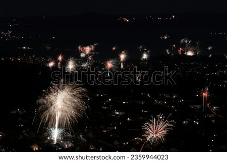 Night shot of a village with New Year's Eve fireworks with several rockets from bird's eye view
