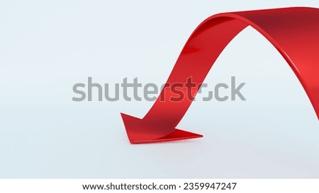 3d render, abstract red ribbon arrow shows down, isolated on white background. Direction symbol