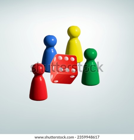 Red, blue and green glossy board game pawns isolated on white background. Plastic toy figures close up. 3D illustration. Ludo icon 3d render vector Royalty-Free Stock Photo #2359948617