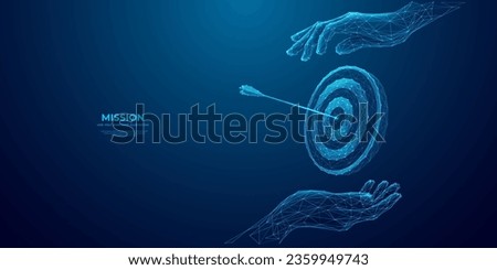 Abstract close-up hands holding a target with bow arrow in a bullseye. Businessman gesture protecting virtual blue dartboard. Business Achievement objective target concept in futuristic low poly style Royalty-Free Stock Photo #2359949743