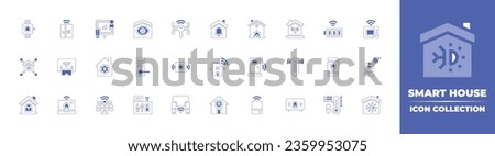 Smart house icon collection. Duotone style line stroke and bold. Vector illustration. Containing house, eco home, smart door, remote control, bell, voice assistant, smart tv, battery, and more.