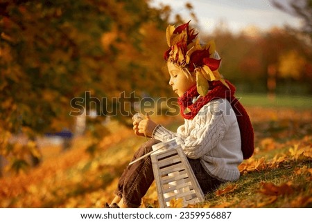 Adorable little child, blond boy with crown from leaves in park on autumn day, sunny evening