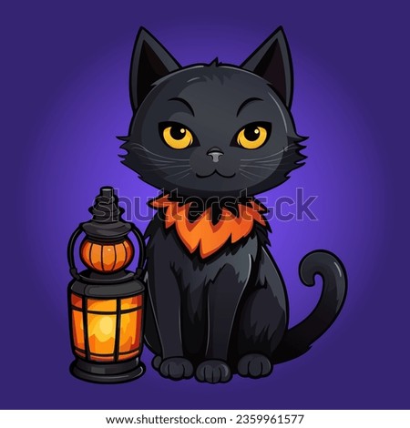Halloween black cat with vintage oil lamp, lantern. Trendy hand drawn graphic. Cartoon style vector illustration violet. Decoration for Halloween party poster, greeting card, flyer, banner. Clip-art.