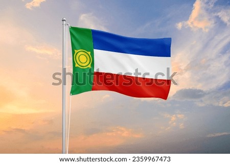 Khakassia flag waving on sundown sky