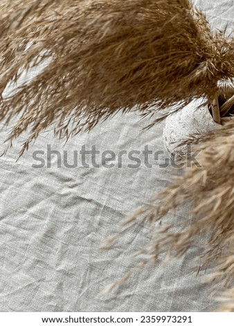 Dry branches of a grasshopper in a vintage clay vase on a table covered with a linen tablecloth. Empty space for your text. Aesthetics of rural cuisine. Minimal table decor. View from above.
