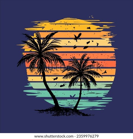 Vector coconut tree with sunset vintage illustration