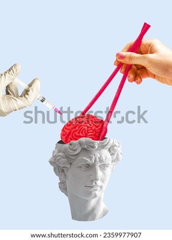 Ancient statue bust with open head and hand with chopsticks holding it's brain and hand with syringe.  Royalty-Free Stock Photo #2359977907