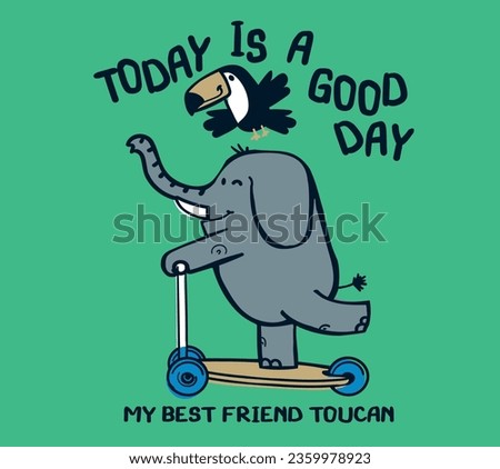 vector illustration of cartoon elephant and toucan riding scooter with typography. for kids t shirt