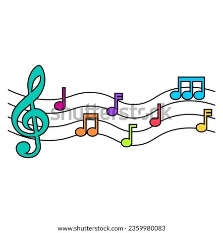 Colorful music notes with black outline, isolated on white background, vector illustration.