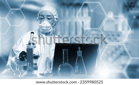 Woman laboratory assistant. Researcher with microscope. Chemist in protective suit. Virologist with laptop. Girl works as laboratory assistant. Scientist laboratory technician. Woman scientist Royalty-Free Stock Photo #2359980525