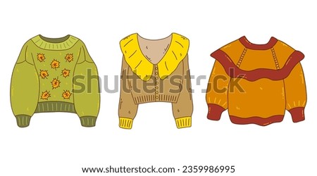 Set of autumn cozy knitted sweaters. Seasonal warm clothes. Colorful vector isolated illustration with outline hand drawn doodle. Fall season
