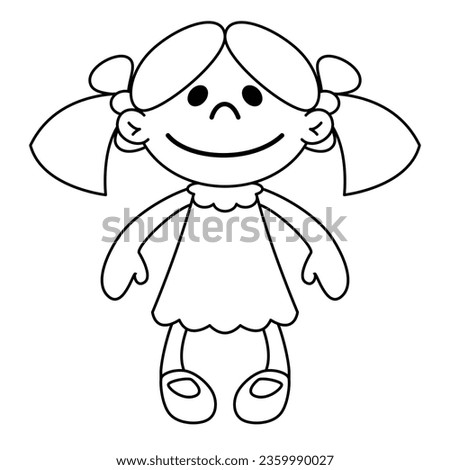 doll, black and white vector cartoon illustration of little girl in dress, isolated on white background