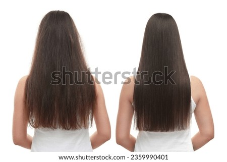 Woman before and after hair treatment on white background, back view. Collage showing damaged and healthy hair Royalty-Free Stock Photo #2359990401