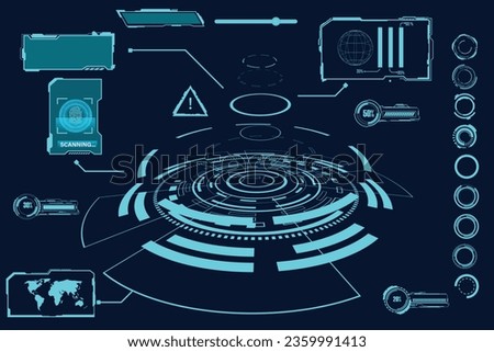 digital interface HUD elements set pack. User Interface, frame screens. Callouts titles, FUI circle set, Loading bars. Dashboard reality technology screen. Vector	
 Royalty-Free Stock Photo #2359991413