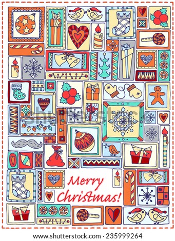 Geometric christmas doodle hand drawn pattern. Template design for card with set of bells, christmas tree, sweets, candles, snowflakes, gifts and hearts in rectangle frames. Colorful background.