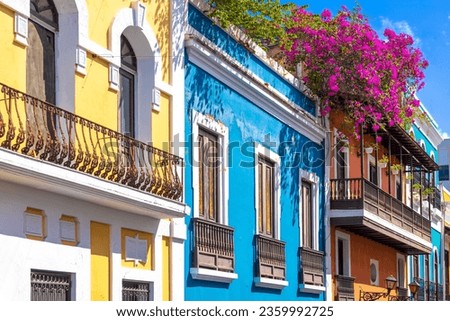Puerto Rico colorful colonial architecture in historic city center. Royalty-Free Stock Photo #2359992725