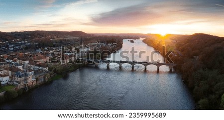 Sky view of city of Lalinde and the Dordogne river