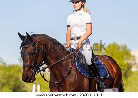 Young rider woman riding bay horse warming up before showjumping competition in the evening Royalty-Free Stock Photo #2360002811