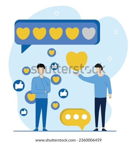 Feedback in social networks illustration. The character analyzes the number of likes and positive reviews in his social networks. Social media feedback concept. Vector illustration.