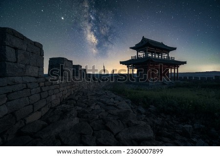 A Japanese castle with starry sky on the background