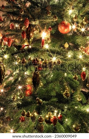
Close-up of a red candle on a red and gold decorated Christmas tree that glows and shines in the glow of numerous lights and candles.
