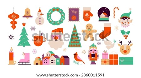 Merry Christmas cute modern minimalist style elements, illustrations collection. Santa, Christmas decorations, Christmas tree, Gift boxes and more. Vector design
