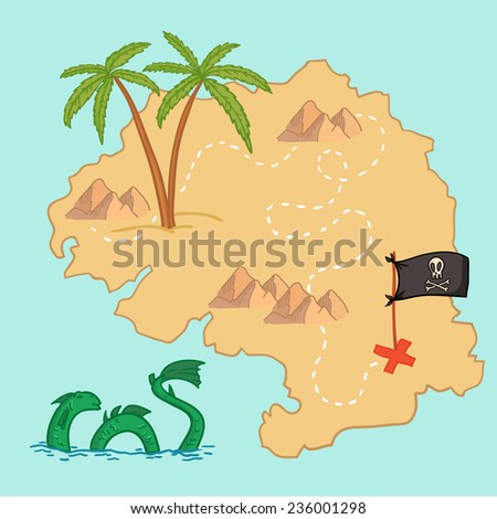 Hand drawn vector illustration - treasure map and design elements (mountains,   palm, dragon, sea etc.)