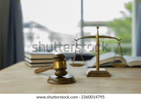 Scales of justice and judge's perch, law concept