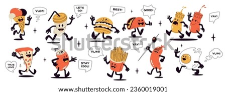 Fast food retro mascot character set. Vector illustrations of junk food cartoon personages. Isolated on white background.
