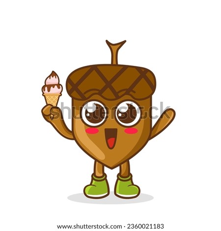 Cute Cartoon acorn fruit character holding ice cream cone