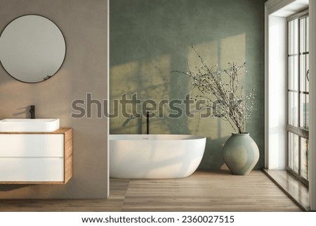 Modern bathroom interior with soil tone and green color walls, parquet floor, double sink, bathtub, plant.