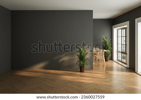 Modern interior design of apartment, dining room with table and chairs, empty living room with dark wall, panorama.