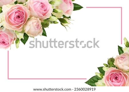 Floral corner arrangements with pink roses and eustoma flowers and a frame isolated on white background
