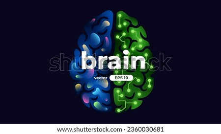 Human brain. Left and right cerebral hemispheres, two parts concept. Creative part and logic, analytical part. Sciences and art. 3d template. Vibrant colors. Microchip. Vector illustration eps10. Royalty-Free Stock Photo #2360030681