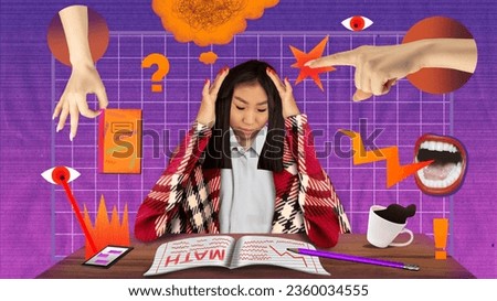 Banner. Poster. Contemporary art collage. Creative composite image of human, girl do homework under preassure from social and personal issues. Concept of teenagers, students lifestyle, homework. Royalty-Free Stock Photo #2360034555