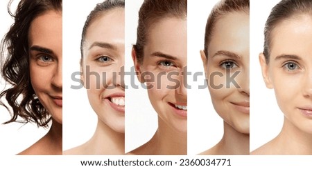 Cropped female halves of faces, placed on narrow vertical white stripe. Concept of emotions, facial expressions, youth, fashion, beauty, skincare and ad Royalty-Free Stock Photo #2360034771