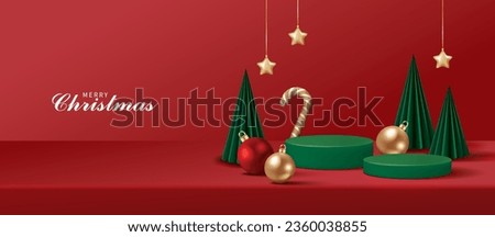 Christmas banner for product demonstration. Green pedestal or podium with bauble, candy cane and Christmas trees on red background.